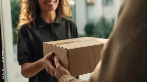 Hands of courier hold cardboard box to smiling customer,E-commerce express logistics theme