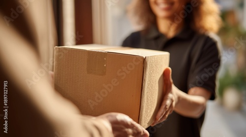 Hands of courier hold cardboard box to smiling customer,E-commerce express logistics theme