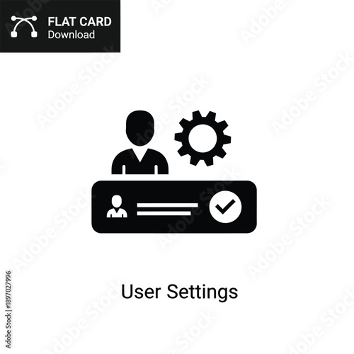 Black and white illustration of a user settings icon with a person and gear on a flat card download