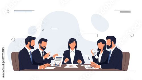 Business meeting with diverse team discussing charts and documents at conference table