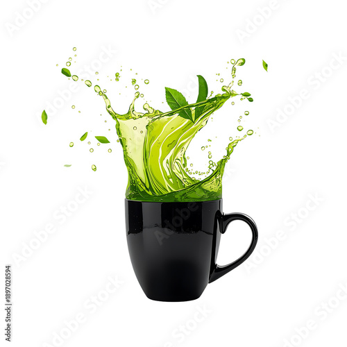 Green Tea Splash in Black Mug
