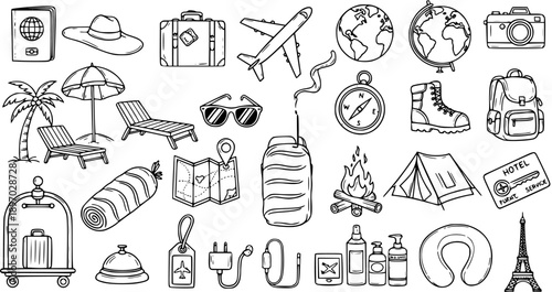 Travel and Tourism Icons Set - Black and White Hand Drawn Line Art Doodles. Essential Elements for Vacation, Adventure, and Global Journeys.