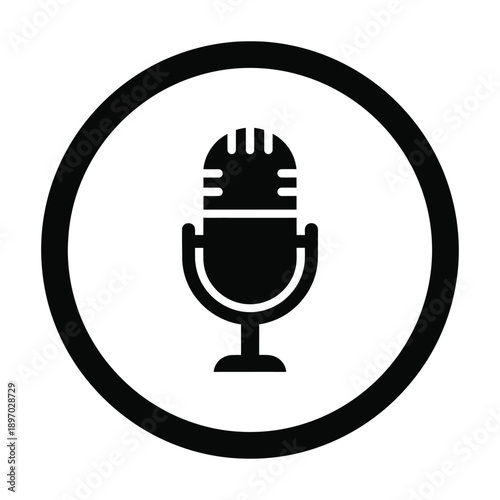 Black microphone icon in a circle for audio or podcast concepts and design