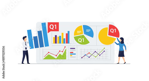 Business Team Analyzing Financial Data & Q1 Reports. Vector Illustration of Corporate Strategy, Data Visualization, Market Analysis, and Growth Charts.