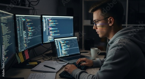 Focused young programmer working at desk with multiple screens