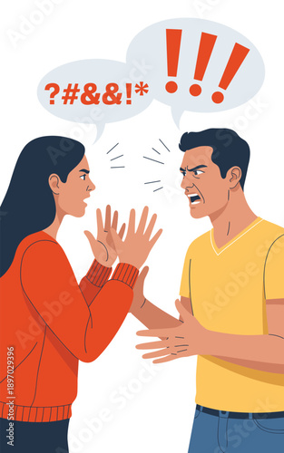 Angry couple arguing aggressively with raised hands and exclamation point speech bubbles conflict disagreement communication breakdown frustrated relationship problems shouting match for family therap