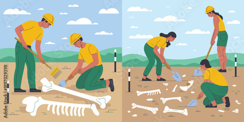 Archeologists excavating dinosaur bones paleontological dig site with shovel and brush tools archeology research team working together for science education discovery ancient history exploration paleo