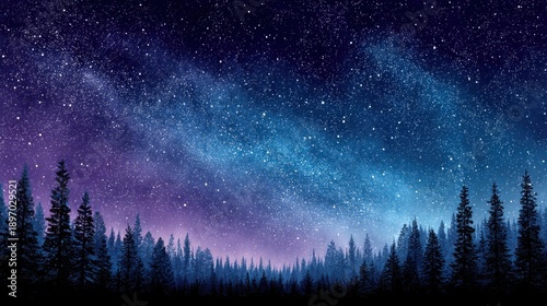 Vast starry night sky over a dark pine forest silhouette with vibrant purple and blue hues