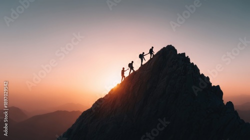 Teamwork and perseverance as hikers ascend a steep mountain peak at sunrise