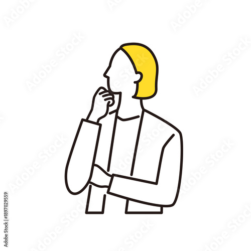 考えているスーツを着た女性ビジネスパーソン　線画イラスト
