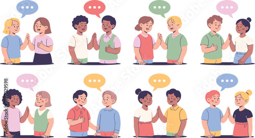 Diverse group of young people communicating with speech bubbles illustration friendly kids in conversation giving high five for educational and social skills development in youth programs teamwork col