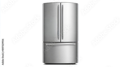 Modern stainless steel French door refrigerator with bottom freezer drawer and sleek handles