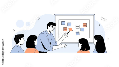 Business Meeting: Team Brainstorming Session with Presentation Board and Sticky Notes