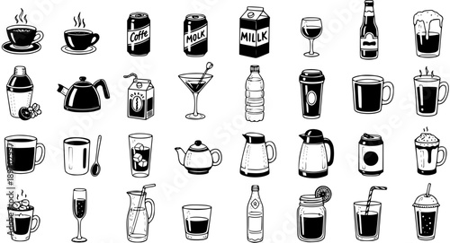 Black and White Line Art Collection of Various Drinks and Beverages, Ideal for Food and Beverage Industry
