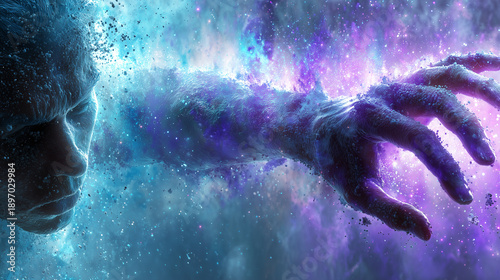 Surreal scene with human face and hand dissolving into cosmic energy, glowing particles, light, abstract space

