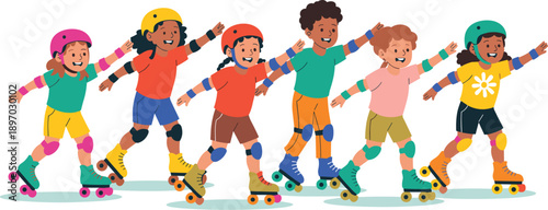 Diverse group of cheerful children roller skating together outdoors enjoying recreational activity active kids having fun on rollerblades wearing safety gear friendship youth lifestyle childhood memor