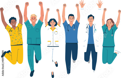 Diverse team of happy doctors and nurses jumping with joy celebrating success in hospital healthcare setting professional medical staff illustration for health awareness campaign and wellness programs