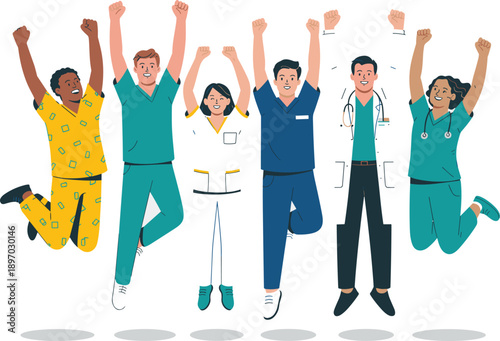 Diverse medical team jumping celebrating success in hospital healthcare professionals celebrating victory achievement in scrubs and lab coats happy excited doctors nurses for teamwork concept health m