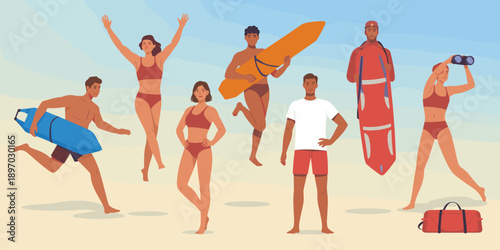 Diverse Lifeguard Team on Beach Protecting Swimmers Summer Safety Concept Professional Lifeguards in Swimsuits with Rescue Gear Protecting People at Beachside Resort Promoting Water Safety Beach Vacat