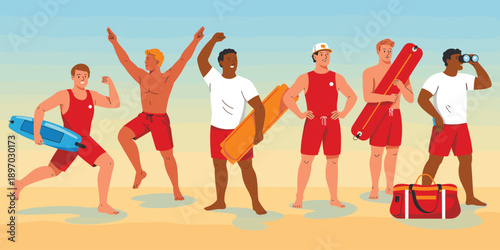 Diverse group of lifeguards patrolling beach for safety and rescue emergency response on summer vacation shoreline watersport activity professional team illustration for recreation travel tourism emer