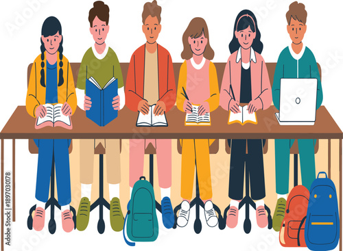 Diverse students studying together in classroom setting reading books and using laptop computer for online learning teamwork collaboration in higher education for university or college academic succes