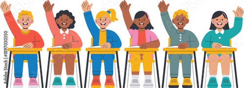 Diverse elementary school students raising hands in classroom for question answering during lesson student participation in class educational illustration for learning environment back to school conce
