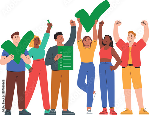 Diverse group of people holding green check marks and checklist for success celebration teamwork collaboration project completion confirmation approval concept for business presentations marketing adv