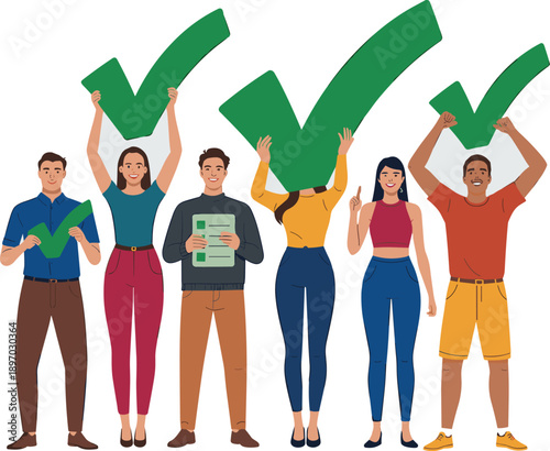 Diverse group of people holding green check mark symbols celebrating agreement and success concept for business solutions teamwork collaboration project completion approval validation and positive fee