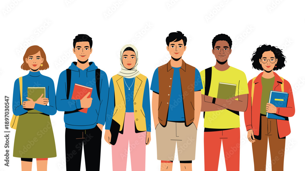 Obraz premium Diverse group of cheerful college students standing together holding books happy multiracial classmates university education learning knowledge vector illustration for school projects higher education