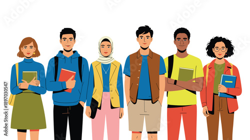 Diverse group of cheerful college students standing together holding books happy multiracial classmates university education learning knowledge vector illustration for school projects higher education