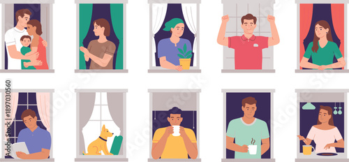 Apartment building with diverse neighbors looking out windows showcasing urban community and neighborhood lifestyle concept residents in windows apartment life during quarantine illustration for real