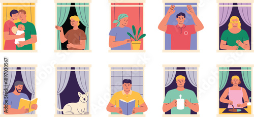 Apartment building diverse neighbors looking out of windows people doing different activities at home couple with baby man reading a book cooking planting dog waving concept for community connection a