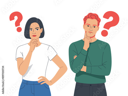 Pensive thoughtful people with question marks concept illustration two young adults contemplating problem solving making decisions in modern minimalist style for business presentations education marke