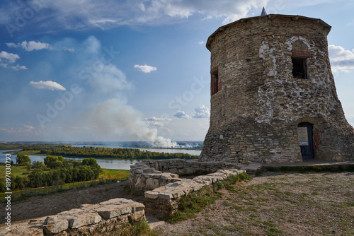 Russia. The town of Yelabuga. Yelabuga settlement. Bulgarian Tower. View of the Kama River with Yelabuga Island