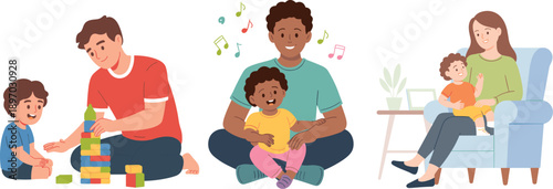 Diverse parents spending time with their children at home playing with building blocks and sitting together in a chair family bonding moments happy childhood memories parental care and love illustrati