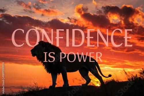 Lion silhouette against fiery sunset with confidence is power quote