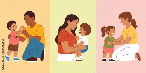 Diverse happy families vector illustration with mother father and children embracing in love and affection modern flat design for parenting support family values inclusive relationships and childhood