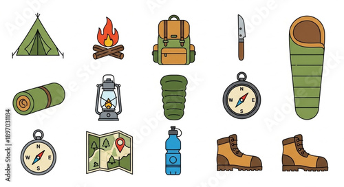 Collection of camping and hiking equipment icons.