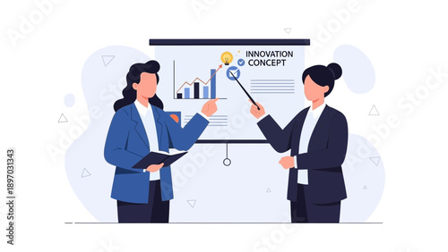 Business presentation with charts and innovation concept on whiteboard