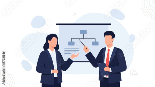 Business presentation: team discussing organizational chart on whiteboard