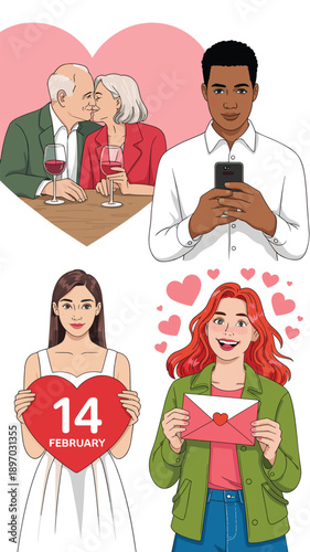 Diverse people celebrating Valentines Day graphic illustration of romantic couples and singles dating online sending love letters and holding heart signs festive social media marketing banner for dati
