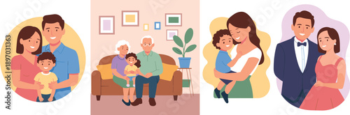 Happy diverse family portraits illustrations parents with child grandparents with grandchild and elegant couple in formal wear for family planning adoption lifestyle concept parenting love togethernes