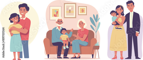 Happy diverse family bonding together in modern home interior illustration featuring young couple embracing child grandparents on sofa parents holding baby for family values concept in vibrant colors