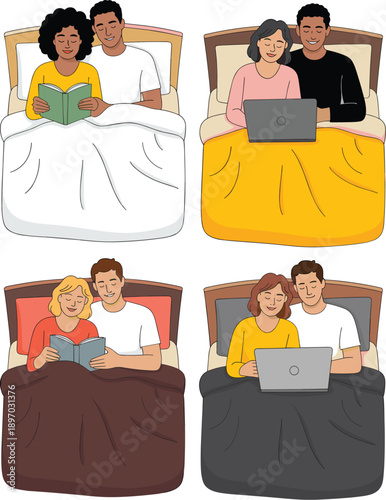 Diverse couples relaxing in bed reading books and working on laptops lifestyle illustration of young people enjoying leisure time together at home for cozy living social media advertising and family p