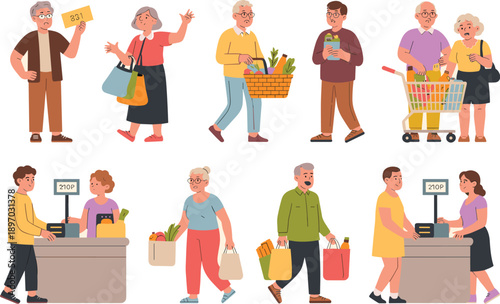 Diverse senior citizens grocery shopping at supermarket flat vector illustration of elderly men women buying food with shopping bags carts baskets at checkout counter for advertising marketing campaig