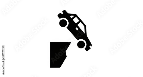 Car falling off cliff icon symbol.