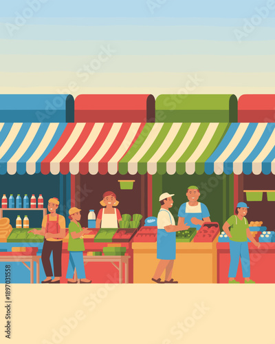 Vibrant outdoor farmers market with vendors selling fresh organic produce vector illustration agriculture business local community fair featuring colorful striped awnings healthy eating lifestyle for
