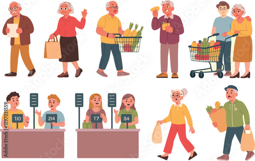 Diverse senior people shopping for groceries at supermarket checkout with cashier cartoon vector illustration of elderly men and women buying food retail customer character set for advertising marketi
