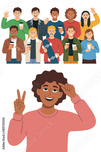 Diverse group of vector cartoon people waving holding coffee and a skateboard in casual clothing cheerful lifestyle illustration for social media marketing advertising campaigns and modern business pr
