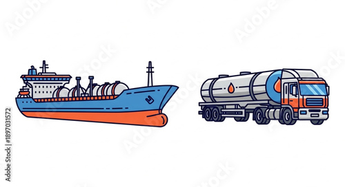 Cargo ship and tanker truck illustration.